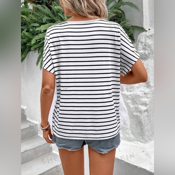 SHEIN Frenchy V-Neck Drop Shoulder Striped Tee size L 2/$!4 or 3/$20 - Picture 2 of 6